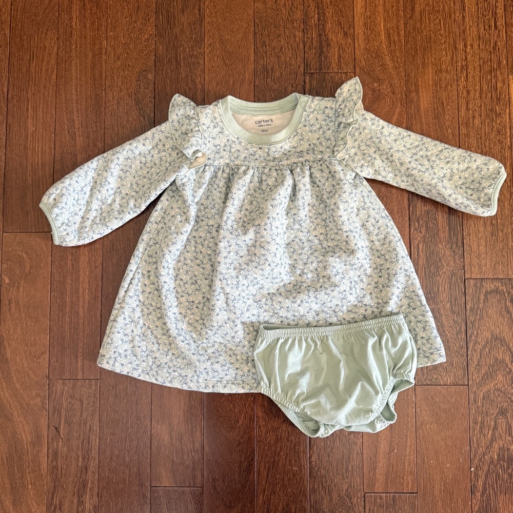 Carter's Blue Floral Dress with Green Diaper Cover Size 18 months